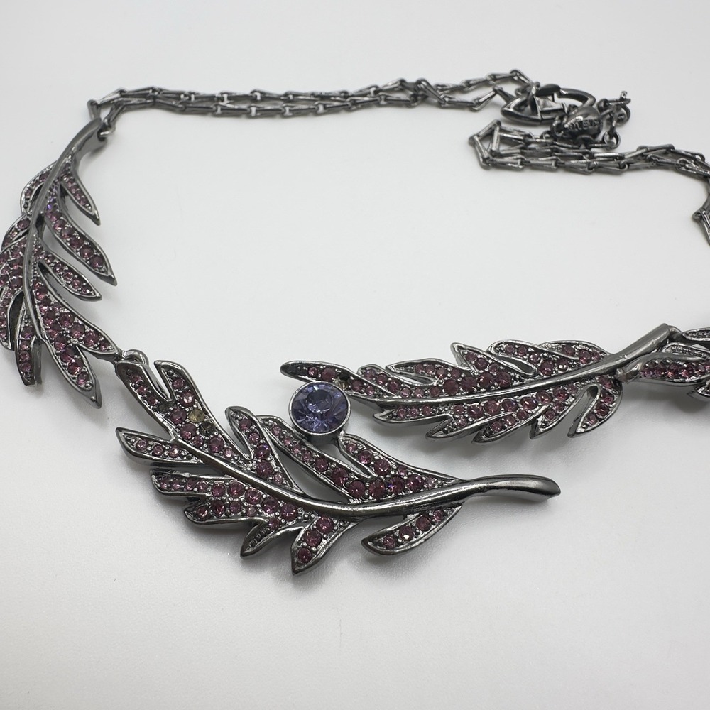 Givenchy Necklace Purple Rhinestone Leaf Bib Gunmetal Tone Statement 15" - 17" - Picture 10 of 16